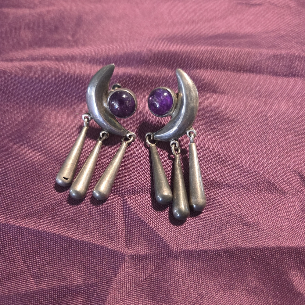 Vintage Taxco Mexico Silver 925  Crescent Moon Amethyst Earrings Witchy Magic